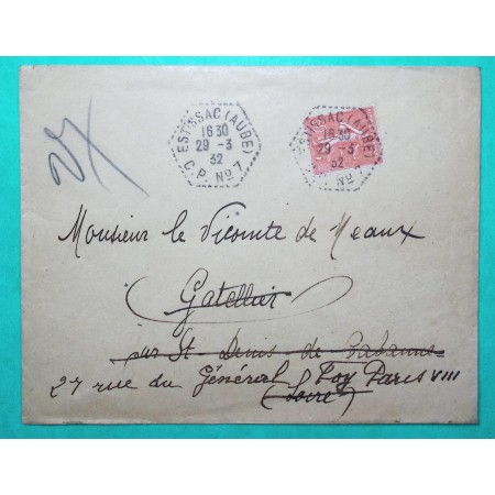 N°199 SEMEUSE CACHET POSTE AUTOMOBILE RURALE CP N°7 ESTISSAC AUBE 1932