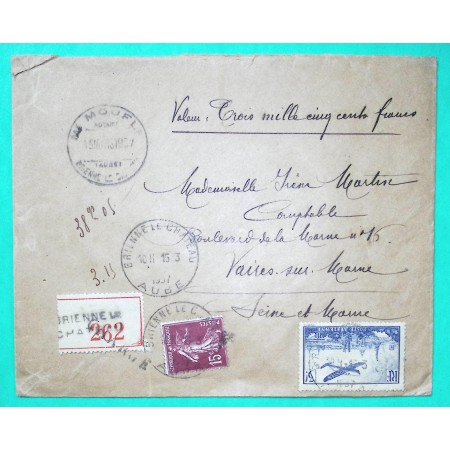 N°189 SEMEUSE + PA N°12 LETTRE CHARGE BRIENNE LE CHATEAU AUBE POUR VAIRES SUR MARNE SEINE ET MARNE 1937