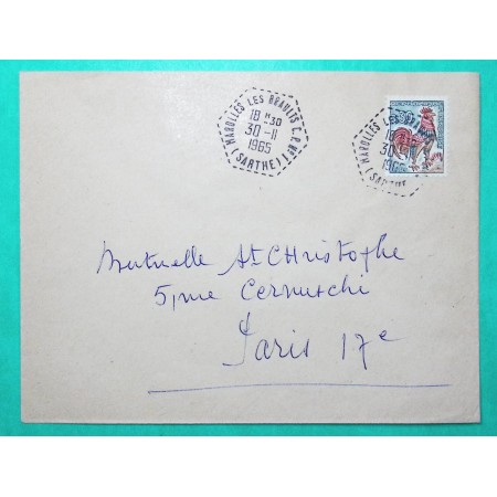 N°1331A COQ DECARIS CACHET POSTE AUTOMOBILE RURALE CP N°1 MAROLLES LES BRAULTS SARTHE 1965
