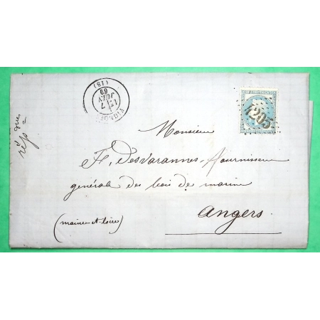 N°29 GC 4205 VIGEOIS CORREZE POUR ANGERS MAINE ET LOIRE 1869 LETTRE COVER FRANCE