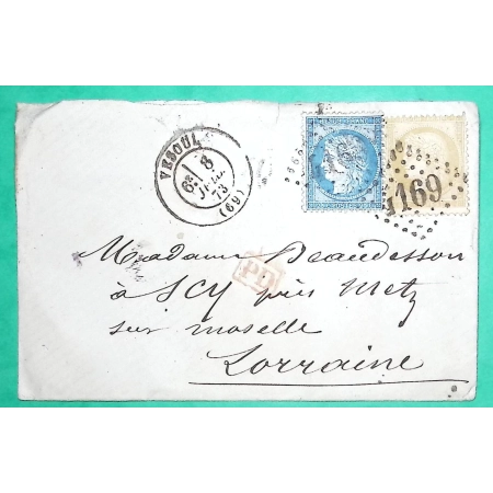 N°59 + 60A CERES CAD TYPE 17 VESOUL HAUTE SAONE POUR SCY CHAZELLES MOSELLE 1873 LETTRE COVER FRANCE