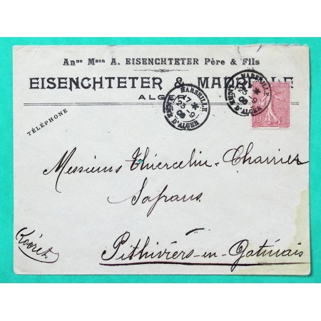 N°129 SEMEUSE CACHET MARITIME MARSEILLE LIGNE D'ALGER ALGERIE POUR PITHIVIERS LOIRET 1908