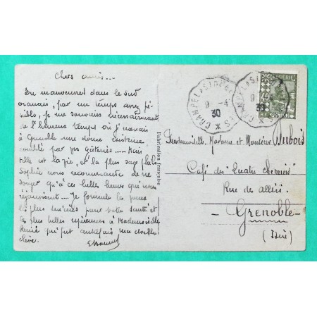 40C ALGERIE POSTE CONVOYEUR LIGNE CRAMPEL A SIDI BEL ABBES CARTE POSTALE POUR GRENOBLE ISERE 1930