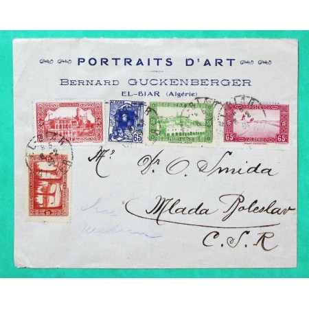 BELLE LETTRE PAR AVION EL BIAR AGERIE PUB PORTRAITS D'ART GUCKENBERGER POUR MLADA BOLESLAV REPUBLIQUE TCHEQUE 1939