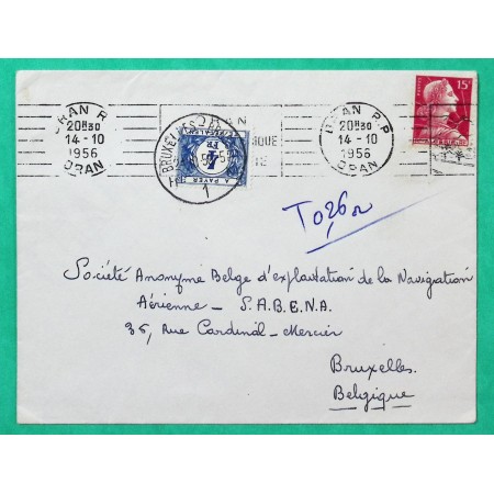 15F MARIANNE MULLER ALGERIE LETTRE ORAN POUR BRUXELLES TAXE BELGE 4F 1956
