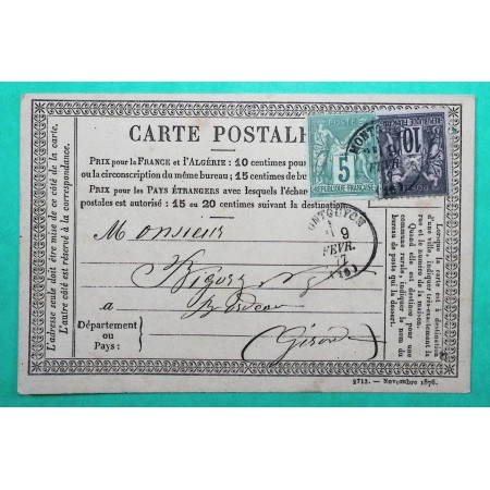 N°75 + 89 SAGE CARTE PRECURSEUR CAD TYPE 16 MONTGUYON CHARENTE INFERIEURE POUR BORDEAUX GIRONDE 1877