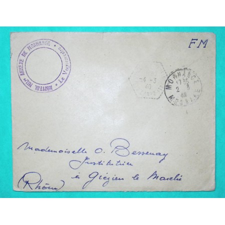 FRANCHISE MILITAIRE FM HOPITAL MILITAIRE MORHANGE MOSELLE + CACHET POSTE AUTOMOBILE RURALE CP N°2 1940 WW2