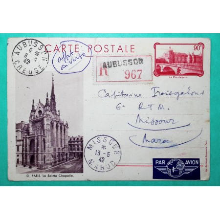 ENTIER 90C CONCIERGERIE + N°517 x4 PETAIN RECOMMANDE PAR AVION AUBUSSON CREUSE POUR MILITAIRE MISSOUR MAROC 1942 WW2