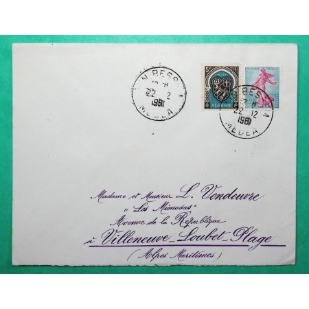 N°1233 SEMEUSE PIEL 5F TIMBRE ALGERIEN MIXTE LETTRE AIN BESSEM MEDEA POUR VILLENEUVE LOUBET ALPES MARITIMES 1961