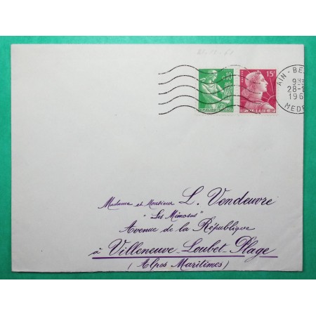 N°1231 MOISSONNEUSE + 15F MARIANNE MULLER ALGERIE MIXTE LETTRE AIN BESSEM MEDEA POUR VILLENEUVE LOUBET ALPES MARITIMES 1961