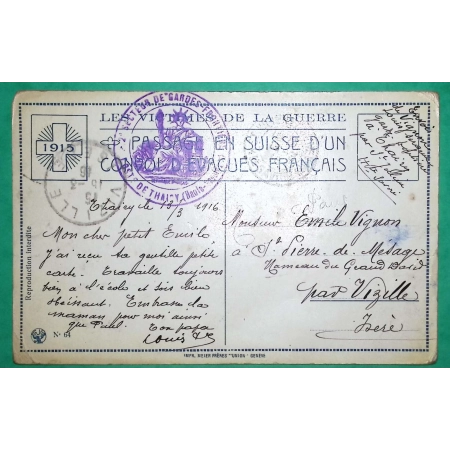 FRANCHISE MILITAIRE FM GARDES FRONTIERE THAIRY HAUTE SAVOIE VICTIMES DE LA GUERRE PASSAGE SUISSE EVACUES FRANCAIS 1916