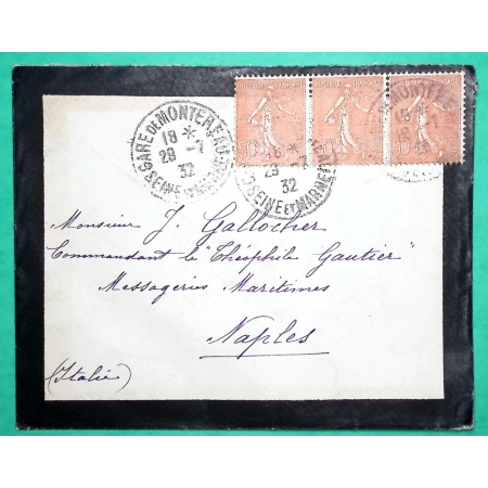 N°199 x3 SEMEUSE GARE DE MONTEREAU POUR COMMANDANT BATEAU THEOPHILE GAUTIER 1932 COVER FRANCE