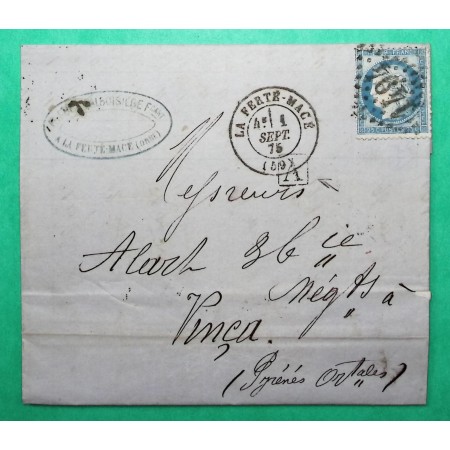 N°60A GC 1494 LA FERTE MACE ORNE BOITE URBAINE A TISSAGE MECANIQUE DES VALLEES DE LA COUR POUR VINCA PYRENEES ORIENTALES 1875