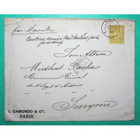 N°92 SAGE LETTRE PARIS POUR SMYRNE TURQUIE D'ASIE PAR MARSEILLE 1881