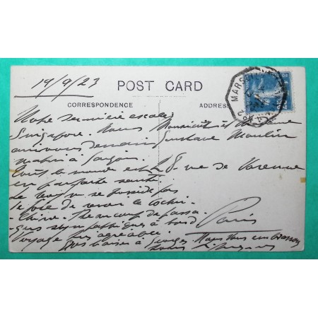 N°140 SEMEUSE CACHET MARITIME MARSEILLE A YOKOHAMA N°2 CARTE POSTALE SINGAPOUR 1923