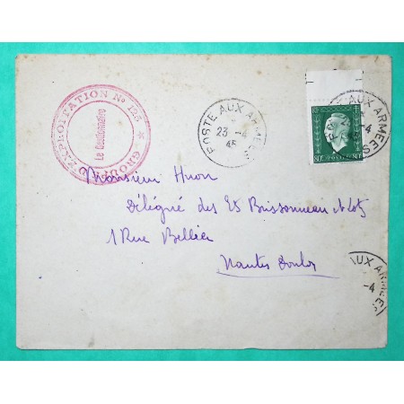 N°688 MARIANNE DULAC 80C VERT LETTRE POSTE AUX ARMEES GROUPEMENT D'EXPLOITATION N°125 1945 WW2