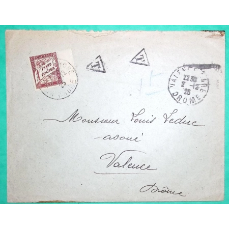 1F TAXE DUVAL SEUL SUR LETTRE BDF LETTRE VALENCE DROME 1926 LETTRE COVER FRANCE