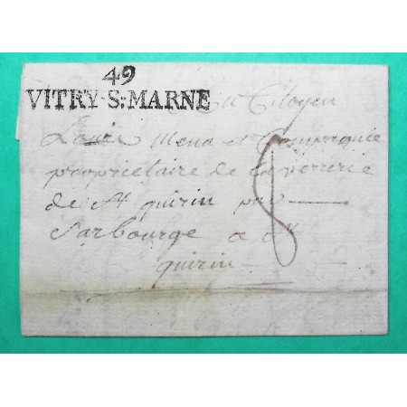 MARQUE 49 VITRY SUR MARNE LE FRANCOIS POUR ST QUIRIN MOSELLE PERIODE REVOLUTIONNAIRE 53x11 1795