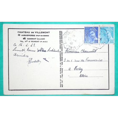 N°546 + 549 MERCURE CACHET MANUEL POSTE AUTOMOBILE CP N°6 AIGUEPERSE PUY DE DOME CARTE POSTALE POUR VICHY ALLIER 1943