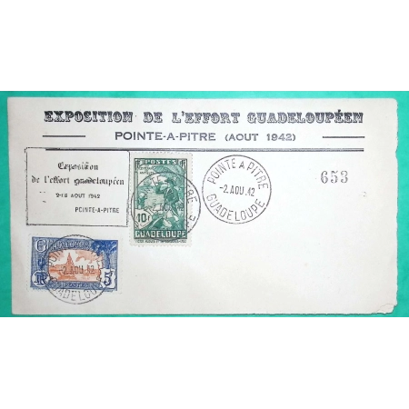 LETTRE EXPOSITION DE L'EFFORT GUADELOUPEEN POINTE A PITRE GUADELOUPE 5F + 10F 1942 COVER FRANCE