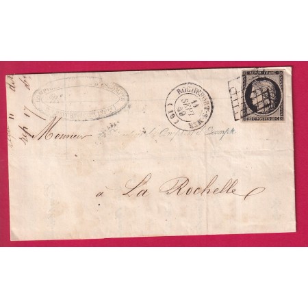 N°3 NOIR SUR BLANC GRILLE CAD TYPE 15 ROCHEFORT SUR MER 11 SEPT 1849 POUR LA ROCHELLE