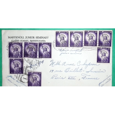 AIR MAIL LIBERTY STAMPS 3 CENTS x10 MARYKNOLL JUNIOR SEMINARY PENNSYLVANIA USA AMERICA FOR PARIS FRANCE COVER