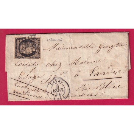 N°3 NOIR SUR CHAMOIS GRILLE LAVAL MAYENNE 1850 POUR LA CHAPELLE VENDOMOISE LOIR ET CHER 8 FEV 1850