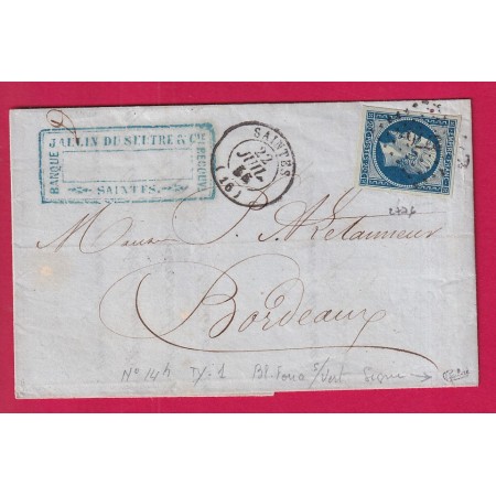 N°14 BLEU FONCE SUR VERT TYPE 1 SIGNE CALVES PC 2776 SAINTES CHARENTE INFERIEURE POUR BORDEAUX