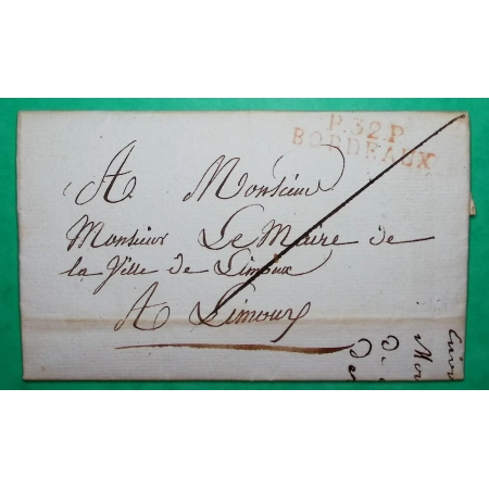 MARQUE P32P BORDEAUX GIRONDE ROUGE PORT PAYE POUR LIMOUX AUDE 40x10 1817 LETTRE COVER FRANCE