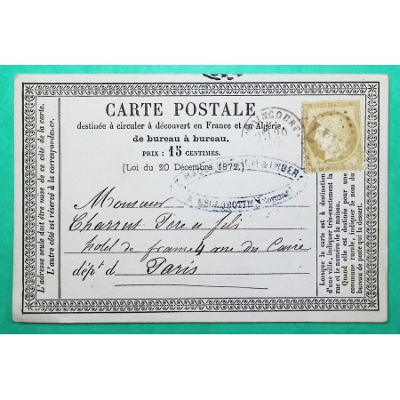 N°55 GC 4347 WOINCOURT SOMME CARTE PRECURSEUR  DEPART ESCARBOTIN POUR PARIS 1875