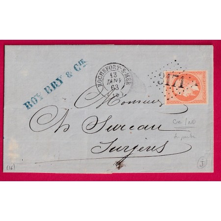 N°16 GC 3171 ROCHEFORT SUR MER SUPERBE POUR SURGERES CHARENTE INFERIEURE 13 JANVIER 1863