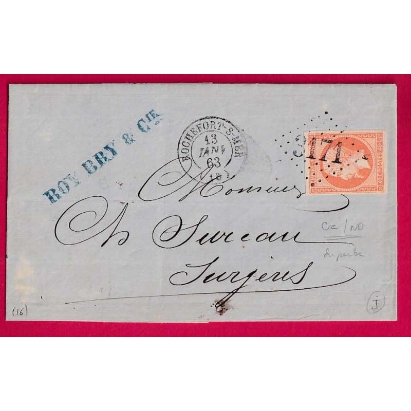 N°16 GC 3171 ROCHEFORT SUR MER SUPERBE POUR SURGERES CHARENTE INFERIEURE 13 JANVIER 1863