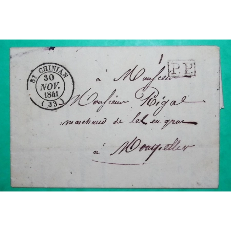 CAD TYPE 14 ST CHINIAN HERAULT PP PORT PAYE POUR MONTPELLIER 1841 LETTRE COVER FRANCE