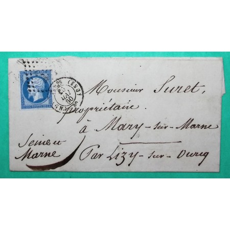 N°14 OBLITERATION PARIS LOSANGE DS3 + POTHION 1516 GN POUR MARY SUR MARNE SEINE ET MARNE 1860