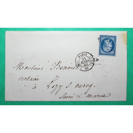 N°14 OBLITERATION PARIS LOSANGE DS1 + POTHION 1516 GE POUR LIZY SUR OURCQ SEINE ET MARNE 1860