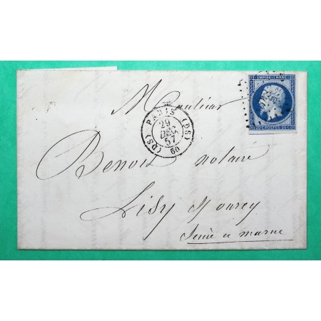 N°14 OBLITERATION PARIS LOSANGE DS + POTHION 1509 POUR LISY SUR OURCQ SEINE ET MARNE 1857