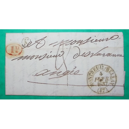 CAD TYPE 13 MONTREUIL BELLAY MAINE ET LOIRE DECIME + BOITE RURALE K CHOUZE POUR ANGERS 1837 LETTRE COVER FRANCE