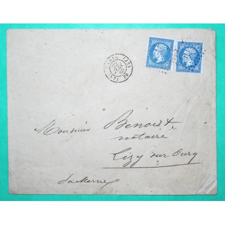 N°14 x2 OBLITERATION PARIS JS + POTHION 1509 DOUBLE PORT POUR LIZY SUR OURCQ SEINE ET MARNE 1860