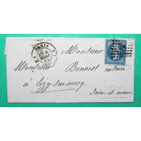 N°22 OBLITERATION PARIS LOSANGE FS + POTHION 1529 POUR LIZY SUR OURCQ SEINE ET MARNE 1863