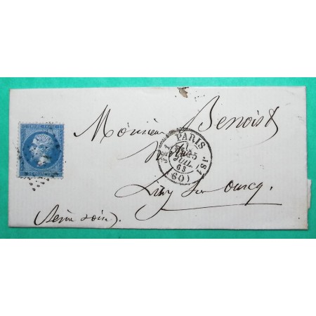 N°22 OBLITARATION PARIS LOSANGE JS + POTHION 1528 POUR LIZY SUR OURCQ SEINE ET MARNE 1863