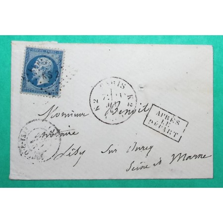 N°22 OBLITERATION PARIS LOSANGE KS2 + POTHION 1529 APRES LE DEPART POUR LIZY SUR OURCQ SEINE ET MARNE 1863