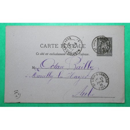 ENTIER SAGE 10C CARTE POSTALE CAD TYPE 16 ST LOUP SUR SEMOUSE HAUTE SAONE BOITE RURALE G FLEUREY LES ST LOUP 1881