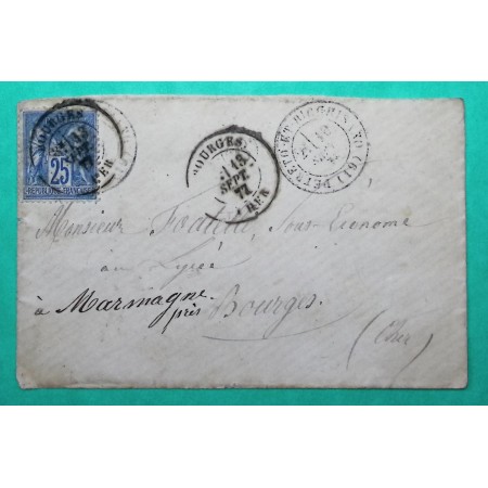 N°78 SAGE CAD TYPE 17 PETRETO ET BICCHISANO CORSE AMBULANT MARSEILLE A LYON SPECIAL VERSO POUR BOURGES CHER 1877