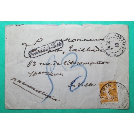 N°141 SEMEUSE LETTRE PNEUMATIQUE PARIS R. JOUFFROY GRIFFE TROUVE A LA BOITE 1910