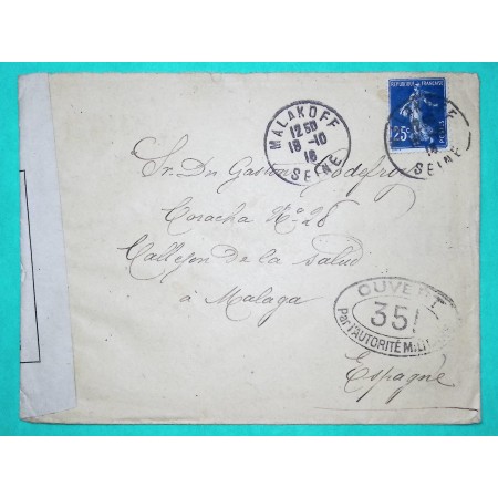 N°140 SEMEUSE LETTRE MALAKOFF SEINE POUR MALAGA ESPAGNE CENSURE 351 1916 WW1