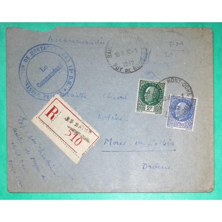 N°518 + 520 PETAIN BERSIER RECOMMANDE FM BAINS AU MONT D'OR PUY DE DOME CENTRE D'INSTRUCTION DE MONTAGNE 13ème DM 1942 WW2