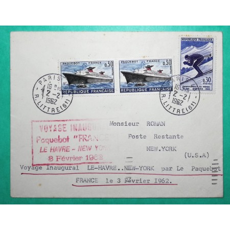 N°1325 x2 + 1326 LETTRE VOYAGE INAUGURAL DU PAQUEBOT FRANCE LE HAVRE NEW YORK 1962