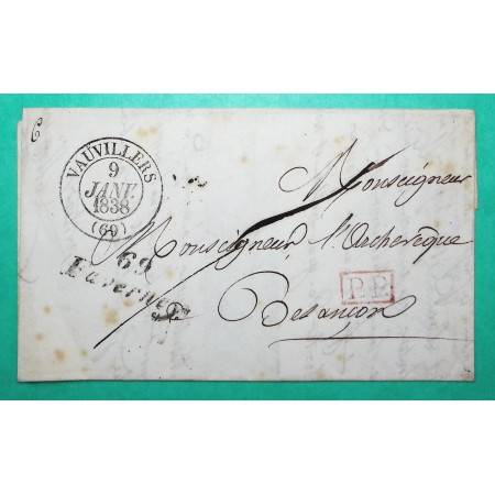 CURSIVE 69 FAVERNEY HAUTE SAONE + CAD TYPE 13 VAUVILLERS PP PORT PAYE POUR BESANCON DOUBS 1838
