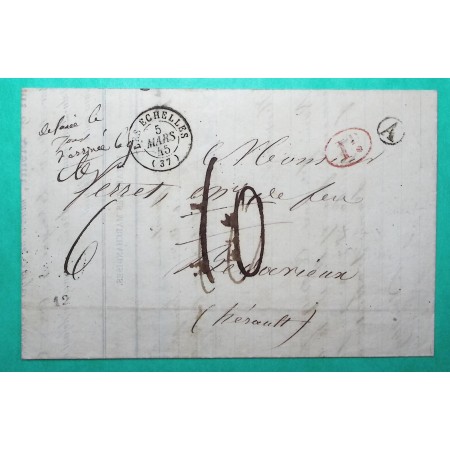 CAD TYPE 15 LES ECHELLES ISERE DECIME + BOITE RURALE A FOURVOIRY FOURVOIRIE POUR BEDARIEUX HERAULT 1845