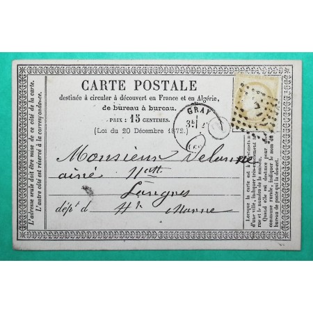 N°59 CARTE PRECURSEUR GC 1715 GRAY HAUTE SAONE BOITE RURALE T BEAUJEU POUR LANGRES HAUTE MARNE 1874
